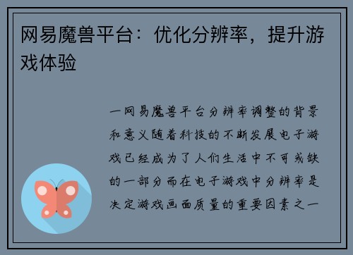 网易魔兽平台：优化分辨率，提升游戏体验